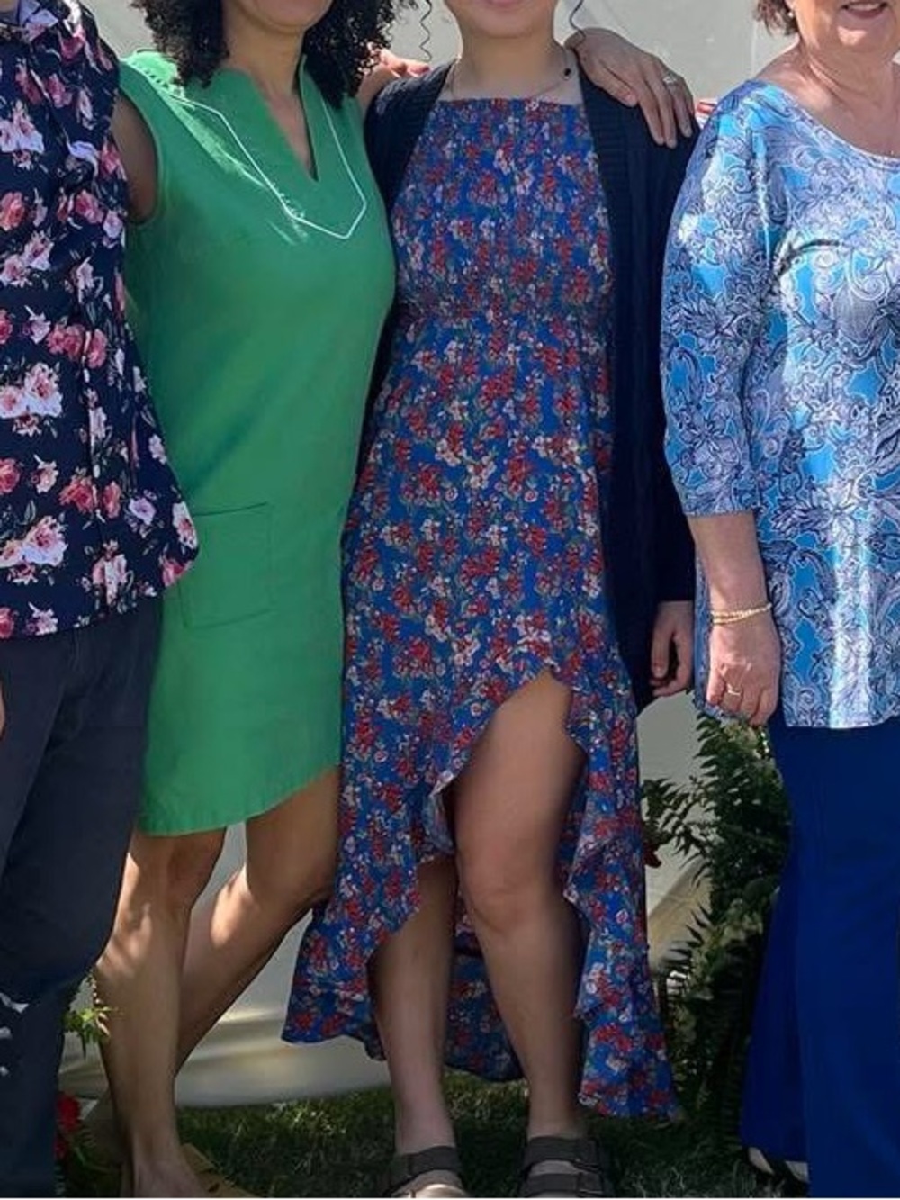 Crystal Doll Blue Floral High-Low Dress with Red Accents